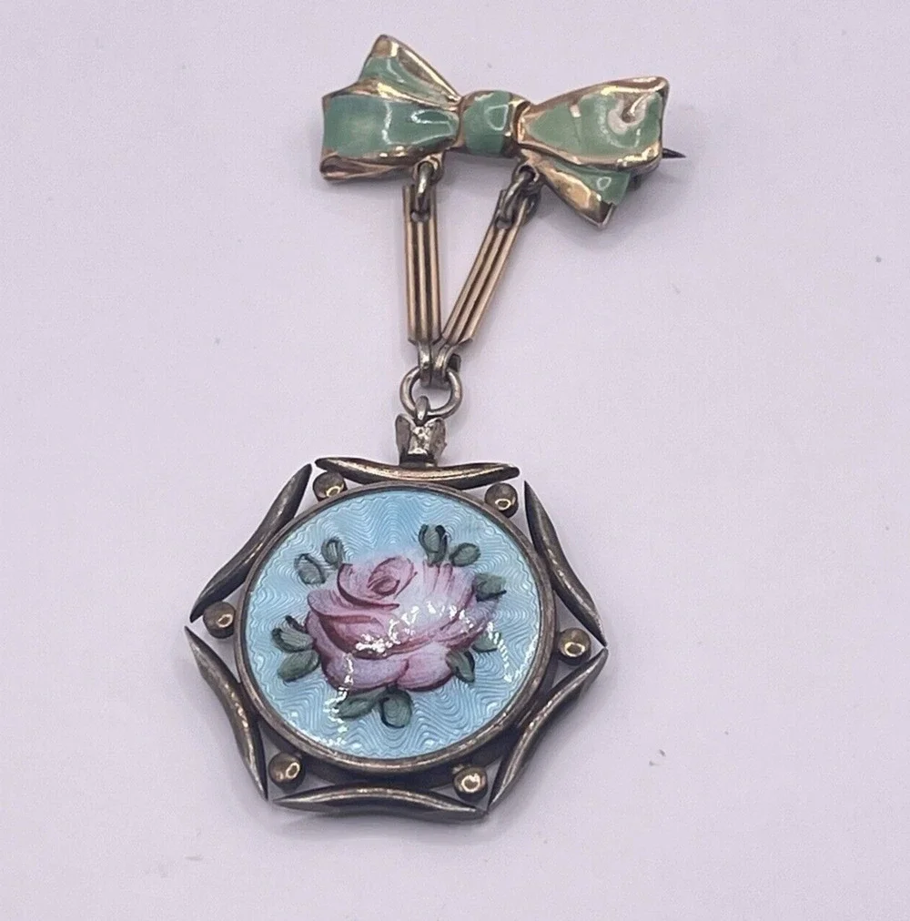 Antique Enamel Rose Guilloche Croton Lapel Pin Brooch French Vintage Green Blue